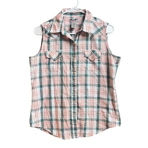 Wrangler Wrancher Shirts Women's Medium Sleeveless Pearl Snap Pink Blue White - Picture 1 of 10